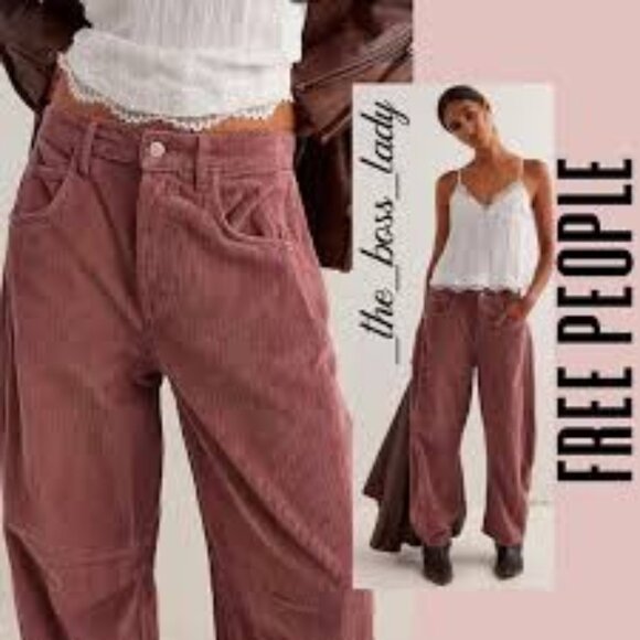 Free People We the Free Good Luck Mid Rise Barrel Pants Jeans Cord Rose Size 32 - Picture 1 of 15